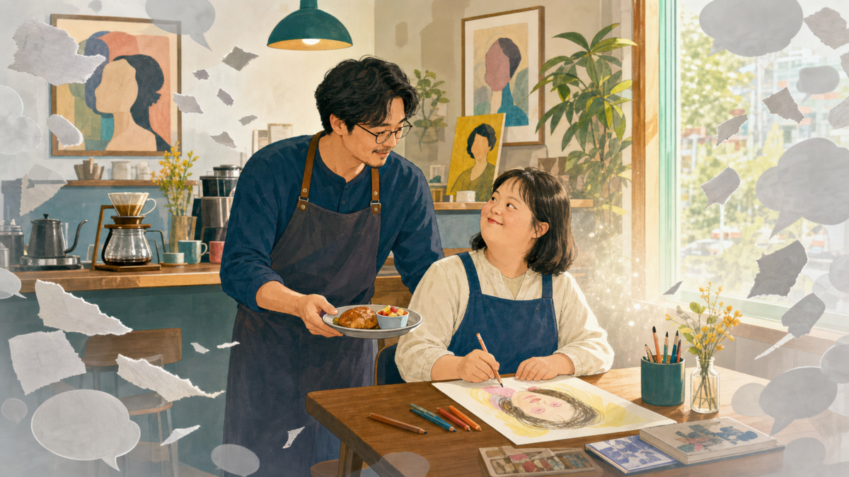 카페에서 남편이 아침 식사를 건네고 정은혜 작가가 그림을 그리는 동안 주변의 회색 소문 조각이 사라지는 모습을 표현한 편집 일러스트